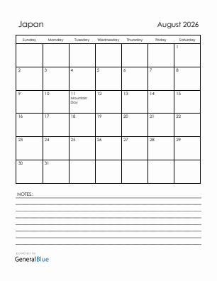 Current month calendar with Japan holidays for August 2026