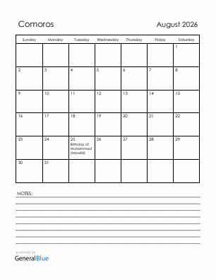 Current month calendar with Comoros holidays for August 2026