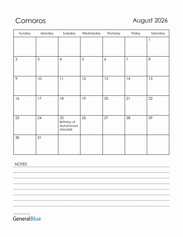 August 2026 Comoros Calendar with Holidays (Sunday Start)