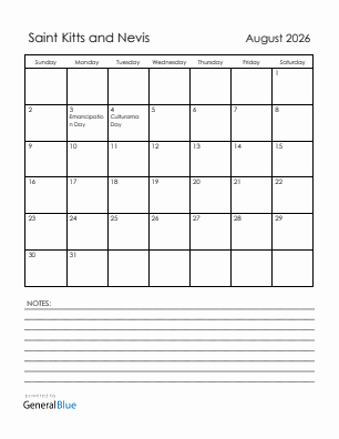Current month calendar with Saint Kitts and Nevis holidays for August 2026