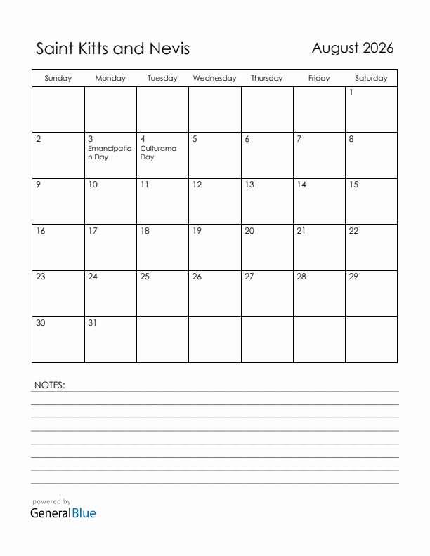 August 2026 Saint Kitts and Nevis Calendar with Holidays (Sunday Start)