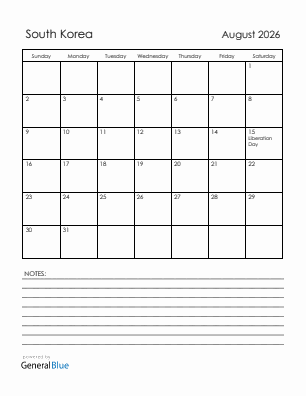 Current month calendar with South Korea holidays for August 2026