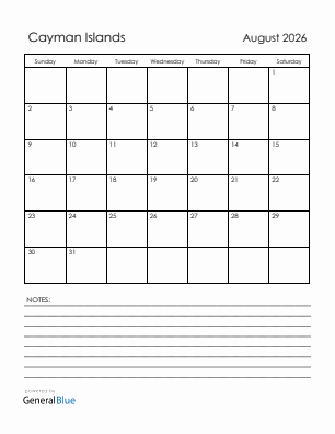 Current month calendar with Cayman Islands holidays for August 2026