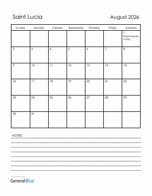Current month calendar with Saint Lucia holidays for August 2026