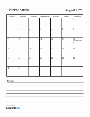 Current month calendar with Liechtenstein holidays for August 2026