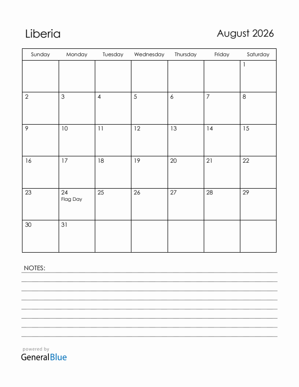 August 2026 Liberia Calendar with Holidays (Sunday Start)