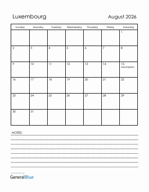 Current month calendar with Luxembourg holidays for August 2026