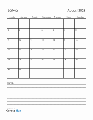 Current month calendar with Latvia holidays for August 2026