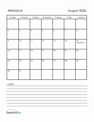 Current month calendar with Monaco holidays for August 2026
