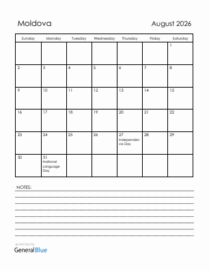 Current month calendar with Moldova holidays for August 2026