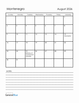 Current month calendar with Montenegro holidays for August 2026