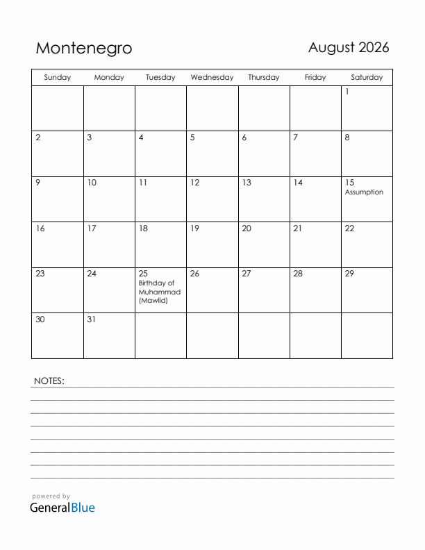 August 2026 Montenegro Calendar with Holidays (Sunday Start)