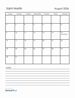Current month calendar with Saint Martin holidays for August 2026