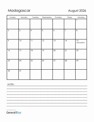 Current month calendar with Madagascar holidays for August 2026
