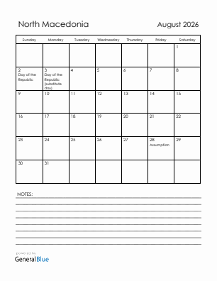 Current month calendar with North Macedonia holidays for August 2026