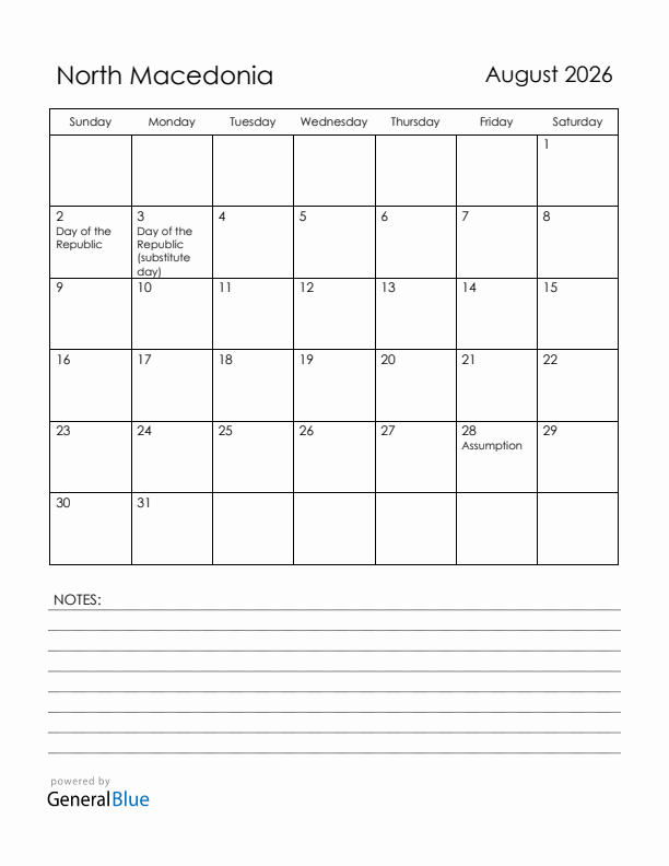 August 2026 North Macedonia Calendar with Holidays (Sunday Start)