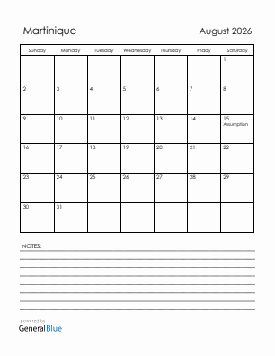 Current month calendar with Martinique holidays for August 2026