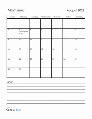 Current month calendar with Montserrat holidays for August 2026