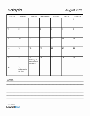 Current month calendar with Malaysia holidays for August 2026