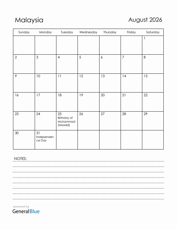 August 2026 Malaysia Calendar with Holidays (Sunday Start)