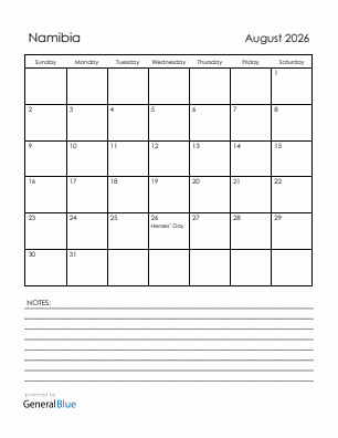 Current month calendar with Namibia holidays for August 2026