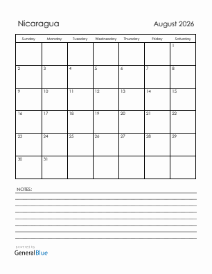 Current month calendar with Nicaragua holidays for August 2026