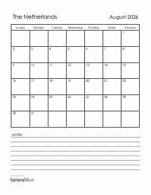 Current month calendar with The Netherlands holidays for August 2026
