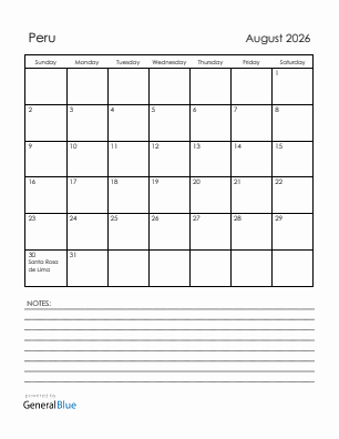 Current month calendar with Peru holidays for August 2026