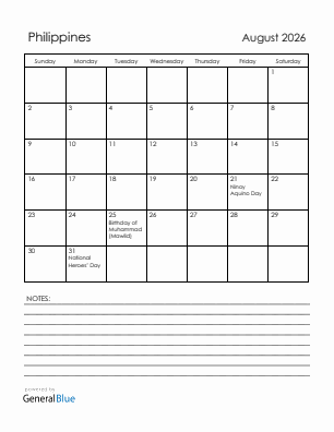 Current month calendar with Philippines holidays for August 2026