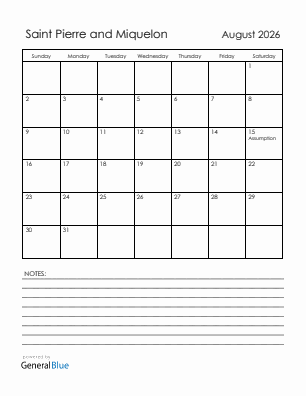 Current month calendar with Saint Pierre and Miquelon holidays for August 2026