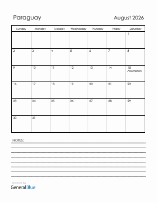 Current month calendar with Paraguay holidays for August 2026