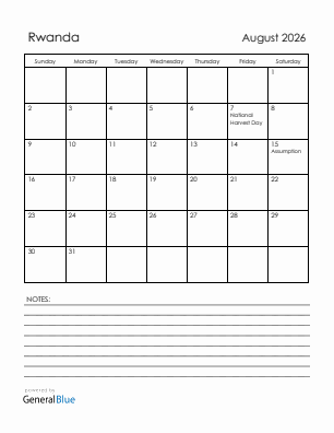 Current month calendar with Rwanda holidays for August 2026