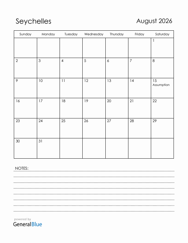 August 2026 Seychelles Calendar with Holidays (Sunday Start)