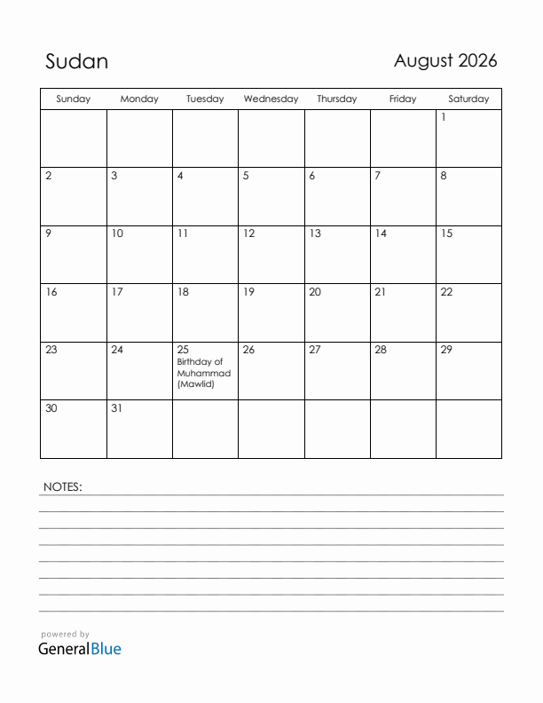 August 2026 Sudan Calendar with Holidays (Sunday Start)