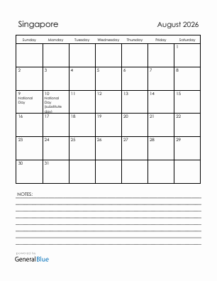 Current month calendar with Singapore holidays for August 2026
