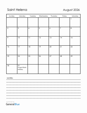 Current month calendar with Saint Helena holidays for August 2026