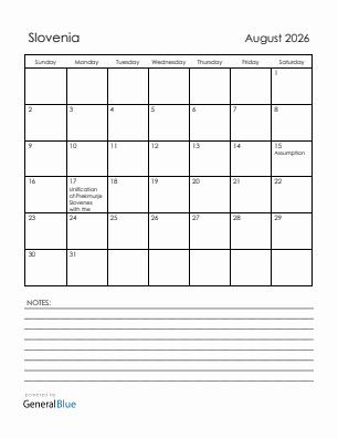 Current month calendar with Slovenia holidays for August 2026