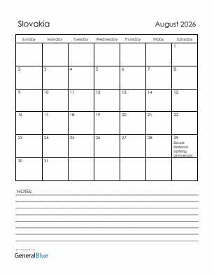 Current month calendar with Slovakia holidays for August 2026