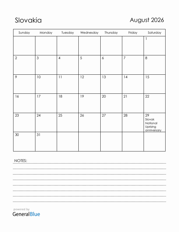 August 2026 Slovakia Calendar with Holidays (Sunday Start)