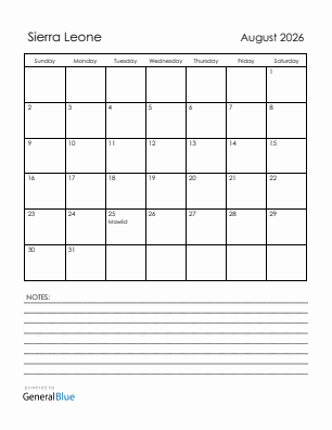 Current month calendar with Sierra Leone holidays for August 2026