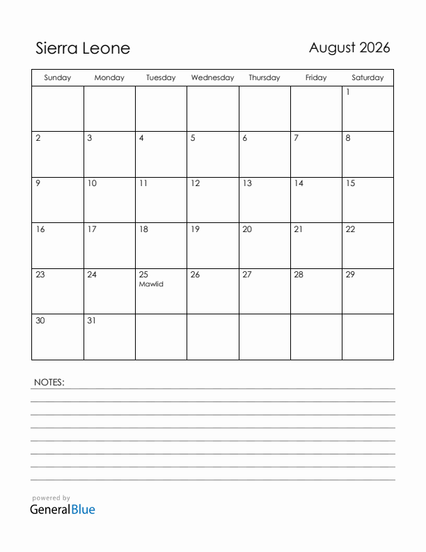 August 2026 Sierra Leone Calendar with Holidays (Sunday Start)
