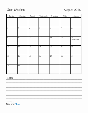 Current month calendar with San Marino holidays for August 2026