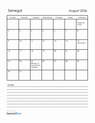 Current month calendar with Senegal holidays for August 2026