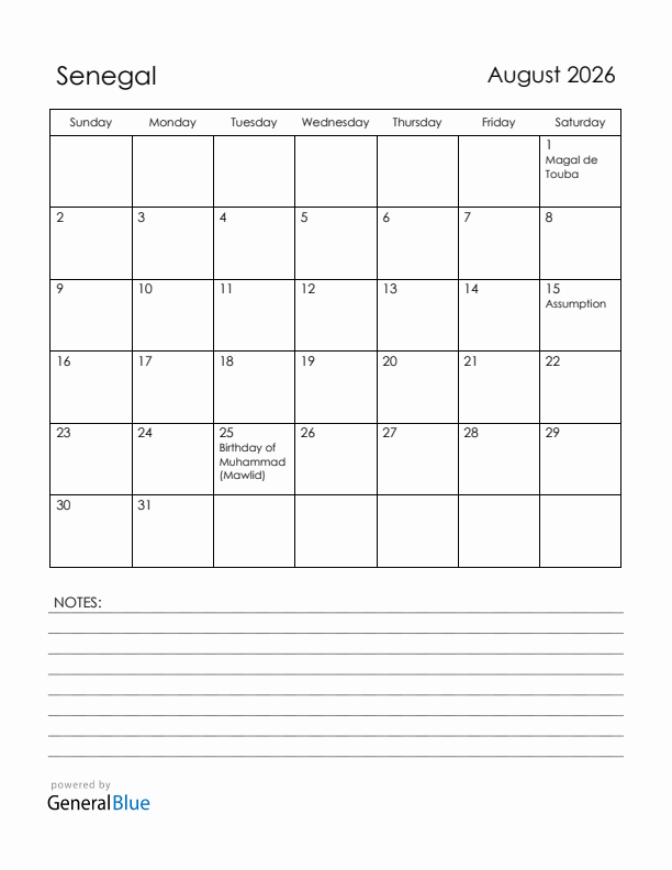 August 2026 Senegal Calendar with Holidays (Sunday Start)