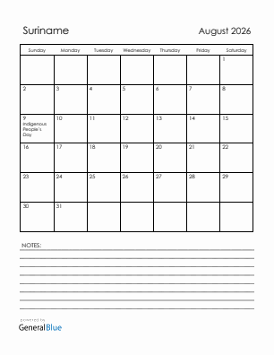 Current month calendar with Suriname holidays for August 2026