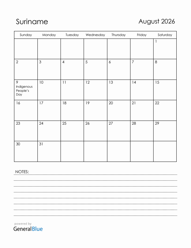 August 2026 Suriname Calendar with Holidays (Sunday Start)