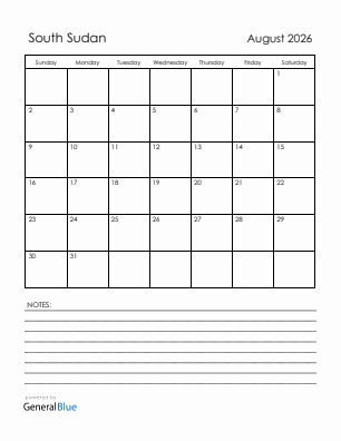 Current month calendar with South Sudan holidays for August 2026