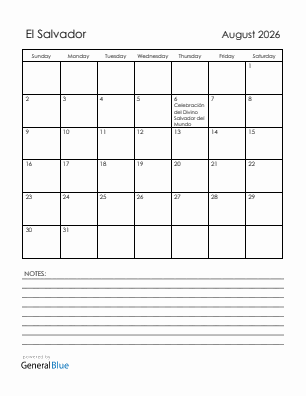 Current month calendar with El Salvador holidays for August 2026