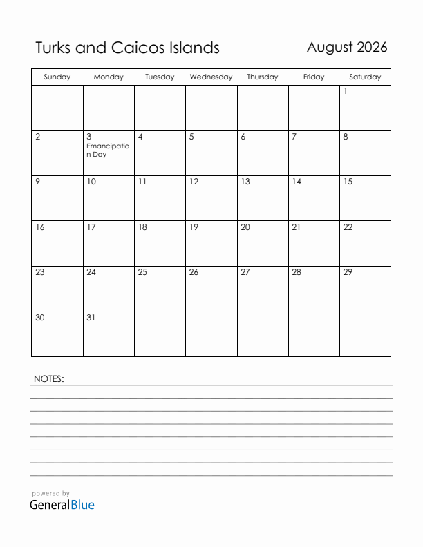 August 2026 Turks and Caicos Islands Calendar with Holidays (Sunday Start)