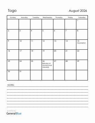 Current month calendar with Togo holidays for August 2026